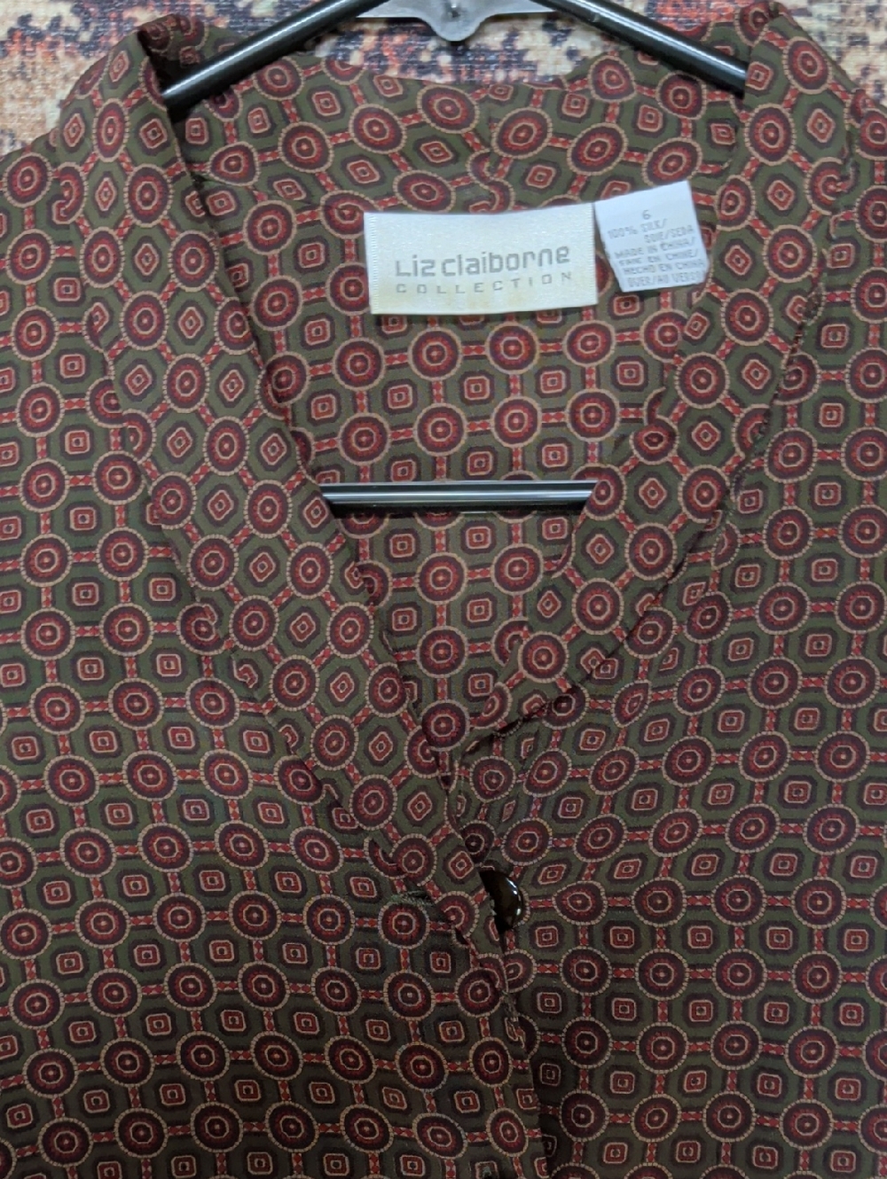 Silk Liz Claiborne Olive Button-Down Shirt with Red Geometric Print